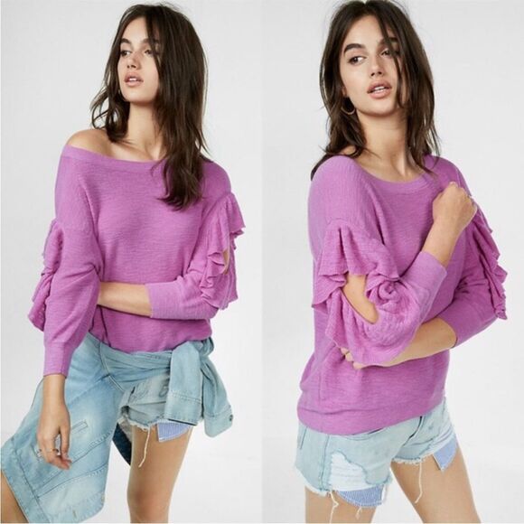 EXPRESS Purple Ruffle Cutout Sweater Off The Shoulder Spring Fall Size Small New - Picture 1 of 10